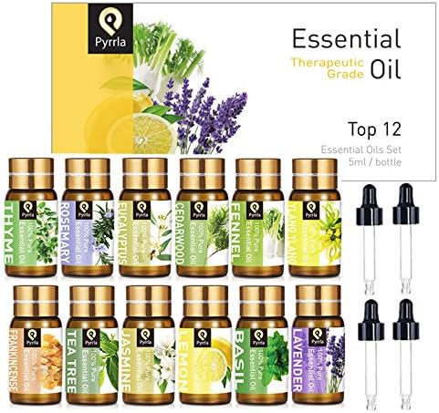 PYRRLA Essential Oils Top 12×5ML 100% Pure Therapeutic Grade Aromatherapy Oil Set with 4 Droppers (Tea-Tree,Lavender,Frankincense,Eucalyptus,Rosemary,Lemon,Ylang-Ylang,Jasmine,Thyme,CedarWood,Basil,Fe