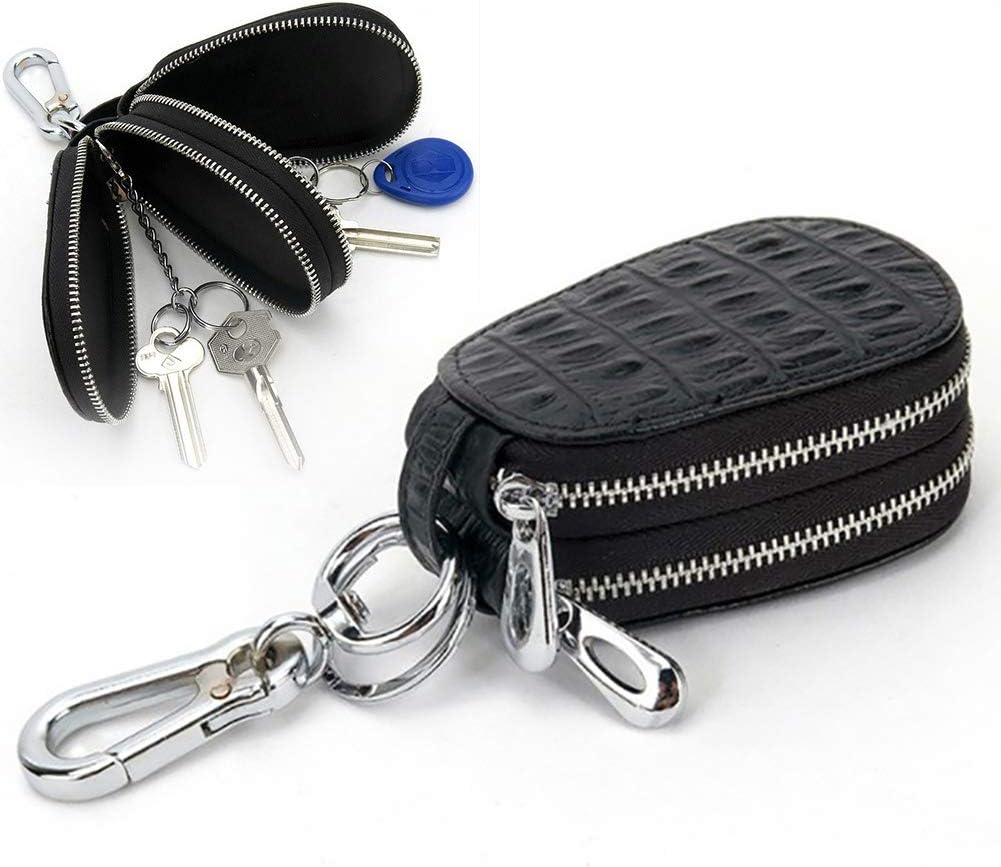 JQIWM Car Key Case Genuine Leather Car Key Chain 2 in 1 Multifunction Keychain Holder Metal Hook And Keyring Zipper Bag for Remote Key,B