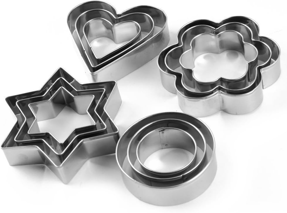 R Dabhi Cookies Cutter 12 Pcs Set Includes- 3 Stars Shape, 3 Flowers Shape, 3 Round Shape, 3 Hearts Shape- Cookie Cutter Stainless Steel