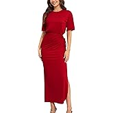 Yulaviniee Women's Summer Maxi Tshirt Dress Short Sleeve Crewneck Tie Waist Casual Slim Fit Slit Long Dresses