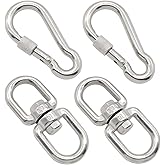 Hamineler 2Pcs M8 304-Stainless Steel Swivel Ring Double Ended Swivel Eye Hook, 2Pcs M8 Spring Hook, for Marine Mooring, Tree Swing, Hammock, Hanging Rotating Device