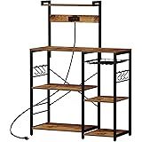 SUPERJARE Bakers Rack with Power Outlet, Microwave Stand, Coffee Bar with Wire Basket, Kitchen Storage Rack with 6 S-Hooks, K