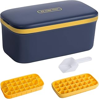 Morfone Eiswürfelform Eisbox mit Deckel, Doppelschicht Silikon Eiswuerfel Form Kunststoff Eiswürfelbox, Ice Cube Tray mit EiswürfelSchaufel und Deckel,LFGB Zertifiziert, 64 Fach