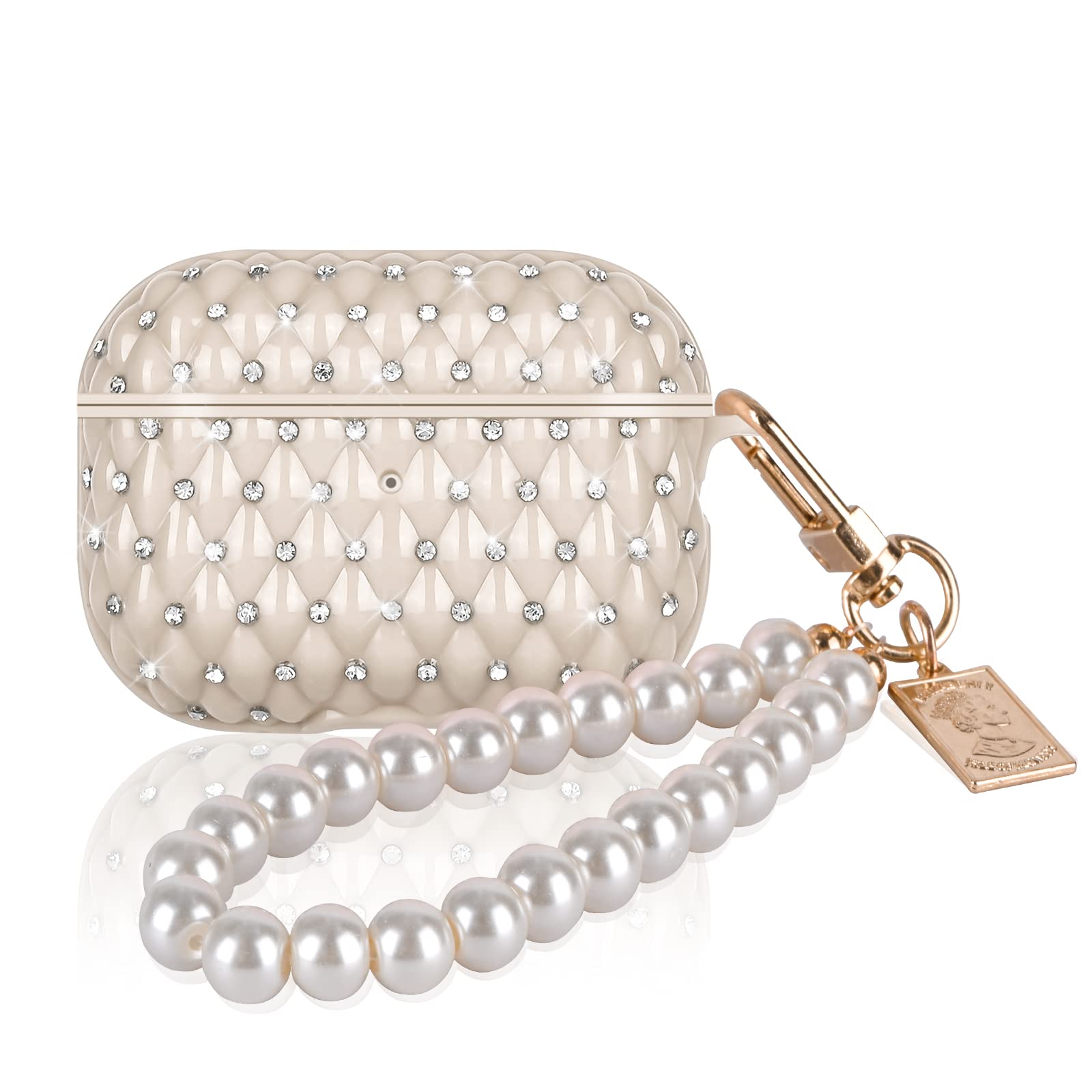 Glitter Diamond Case for AirPods Pro 2(2022) with Pretty Pearl Wrist Chain, Sparkle Bling Cute Design for Women Girls Soft TPU Protective Cover for Airpods Pro 2nd Generation -Beige