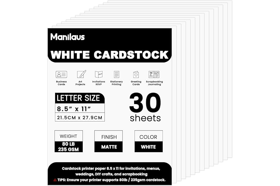 Manilaus White Cardstock 8.5 x 11, Heavy 80 lb Card Stock Paper, 30 Sheets. | Thick Cardstock Printer Paper 8.5x11, White Car