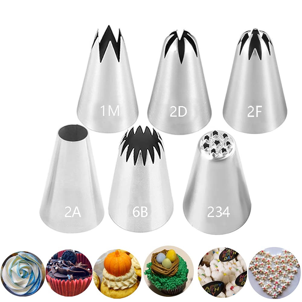6 Pcs Piping Nozzles Large Tips for Cake Decorating,Icing Piping Tips Cake Piping Nozzles Tips Kit for Cream Rose Flower Cookie Cupcake Decorating,#1M 2A 2D 2F 6B 234