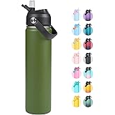Fijinhom 24oz Insulated Stainless Steel Water Bottle, Wide Mouth Double Wall Vacuum, Silicone Straw, Sweat & Leak Proof, BPA Free Insulated Water Flask for Travel, Keep Cold 24h Hot 12h, Green