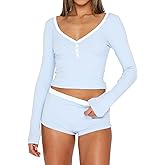 Ezbelle Lounge Set Women's V Neck Pajama Button Shirt Matching Two Piece Knit Long Sleeve Pjs Short Summer Outfits