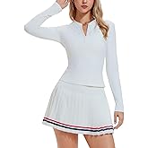 IUK Women's Tennis Skirt Set 2 Piece Long Sleeve Henley & Pleated Skort - Pickleball Outfits, Athletic Dress Alternative