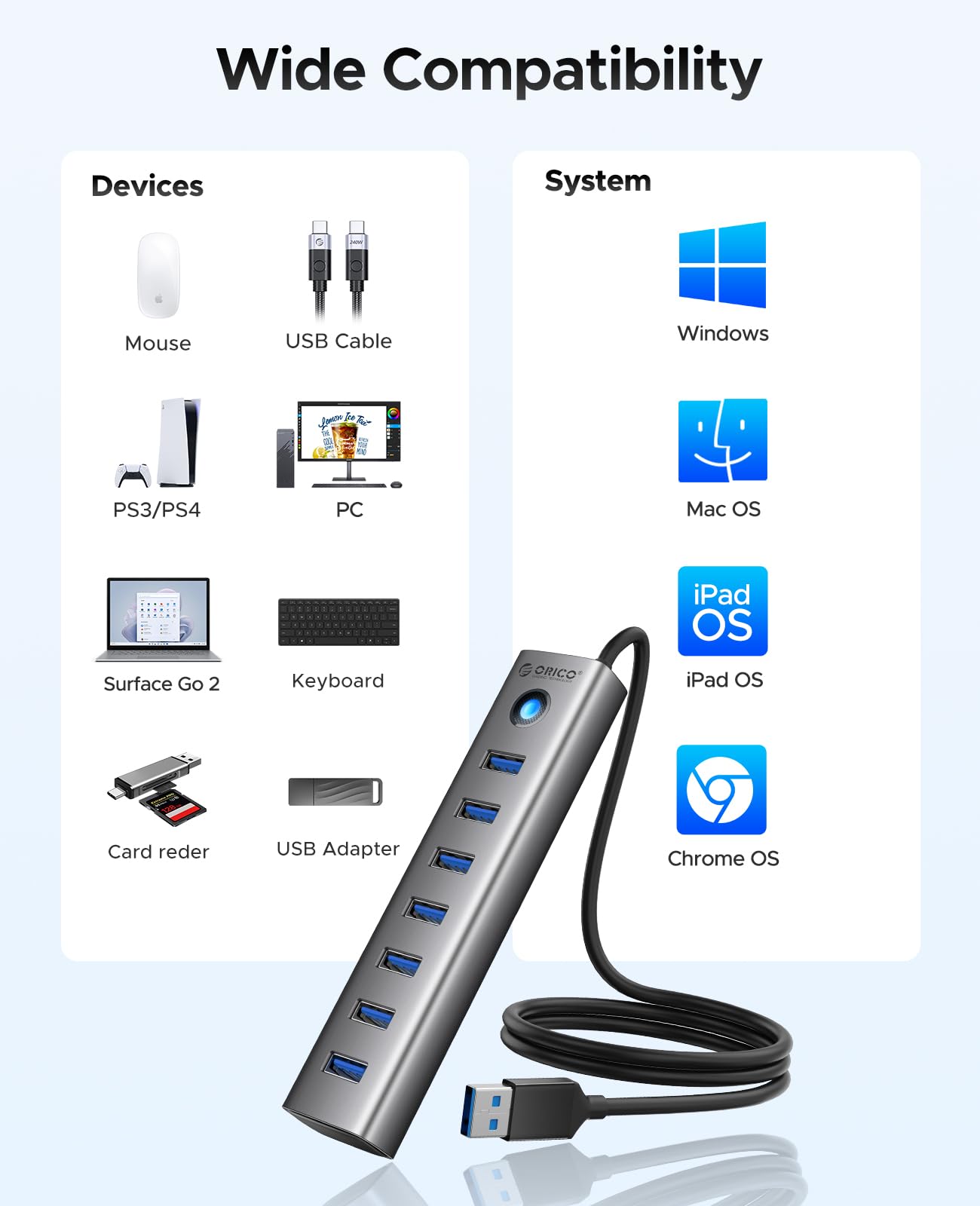 ORICO 7-Port USB 3.0 Hub, Aluminium Multiport Adapter Mit 100CM Kabel, 5Gbps Datenübertragung, 5V 3A Type-C Port, Splitter Für PC, Laptop, MacBook, PS4, Surface Pro, Mobile HDD 8