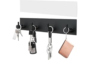 VIS'V Key Holder Wall Mount, Large Metal Self Adhesive Key Hanger with 4 Hooks, No Drilling, Extra Adhesive Strip, Black