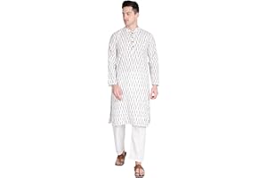 PAROKSH Men's Cotton Kurta Indian Kurta Classic Mandarin Collar Full Sleeves Side Split Ethnic Wear for Wedding