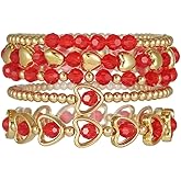 COLORFUL BLING 5Pcs Dainty Multilayer Heart Beaded Stackable Bracelets Set Boho Pearls Polymer Clay Gold Beaded Stretch Bracelets Valentine's Day Jewelry Gifts