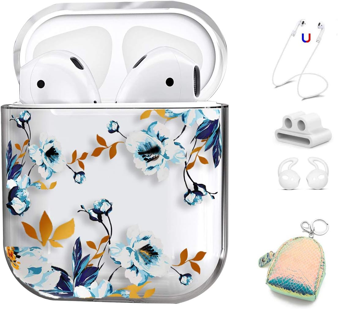 AirPods Case Cover 5 in 1 for Apple AirPods 2 & 1, Cute Clear Full Protective Hard Cute Cases for Girls Floral Print for Apple Airpods 1 & 2 (Gardenia)