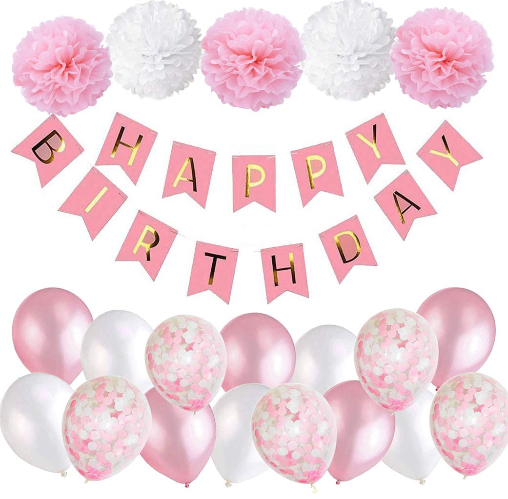 Mixed Happy Birthday Party Decoration Kit for Baby Shower Nursery Boy Girl Birthday Party Decor Children Room Ceiling Hanging Decoration (Pink)