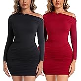 Chongbaijia 2 Piece Women's Sexy Elegant Off Shoulder Long Sleeve Ruched Bodycon Cocktail Party Mini Dresses