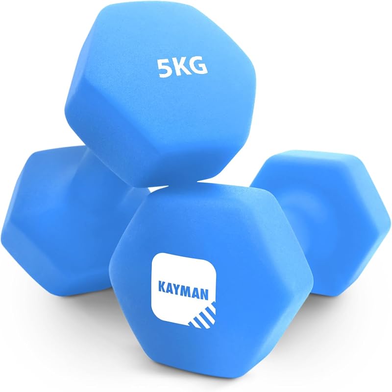 KAYMAN Neoprene Dumbbell Pair 5kg Anti-Slip Hex Edges Water-Resistant Blue