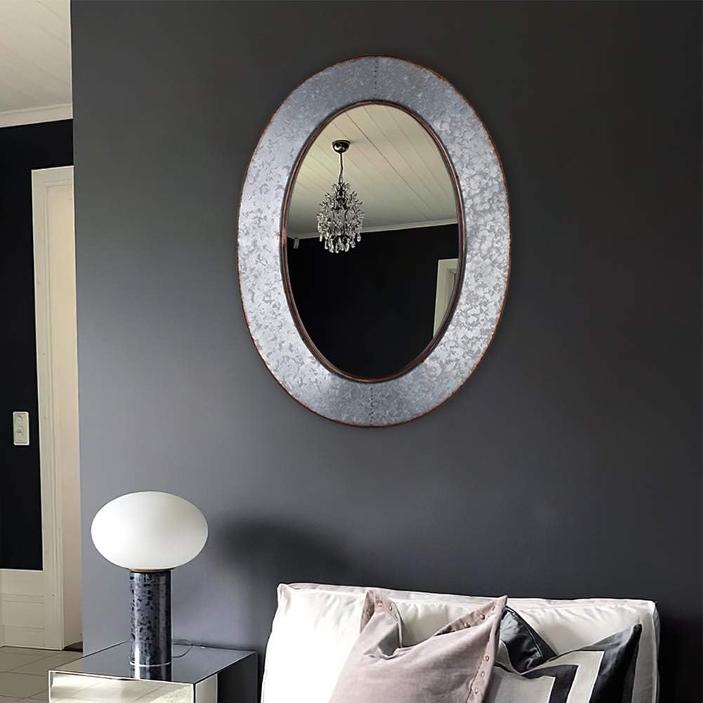 Geloo Bathroom Mirrors Industrial Galvanized - 28 Inch Oval Wall Mirrors, Gray Farmhouse Mirrors Wall Mounted,Vanity Mirror for Wall Decor Design for Bedroom, Street, Antique, Entryway: Furniture & Decor