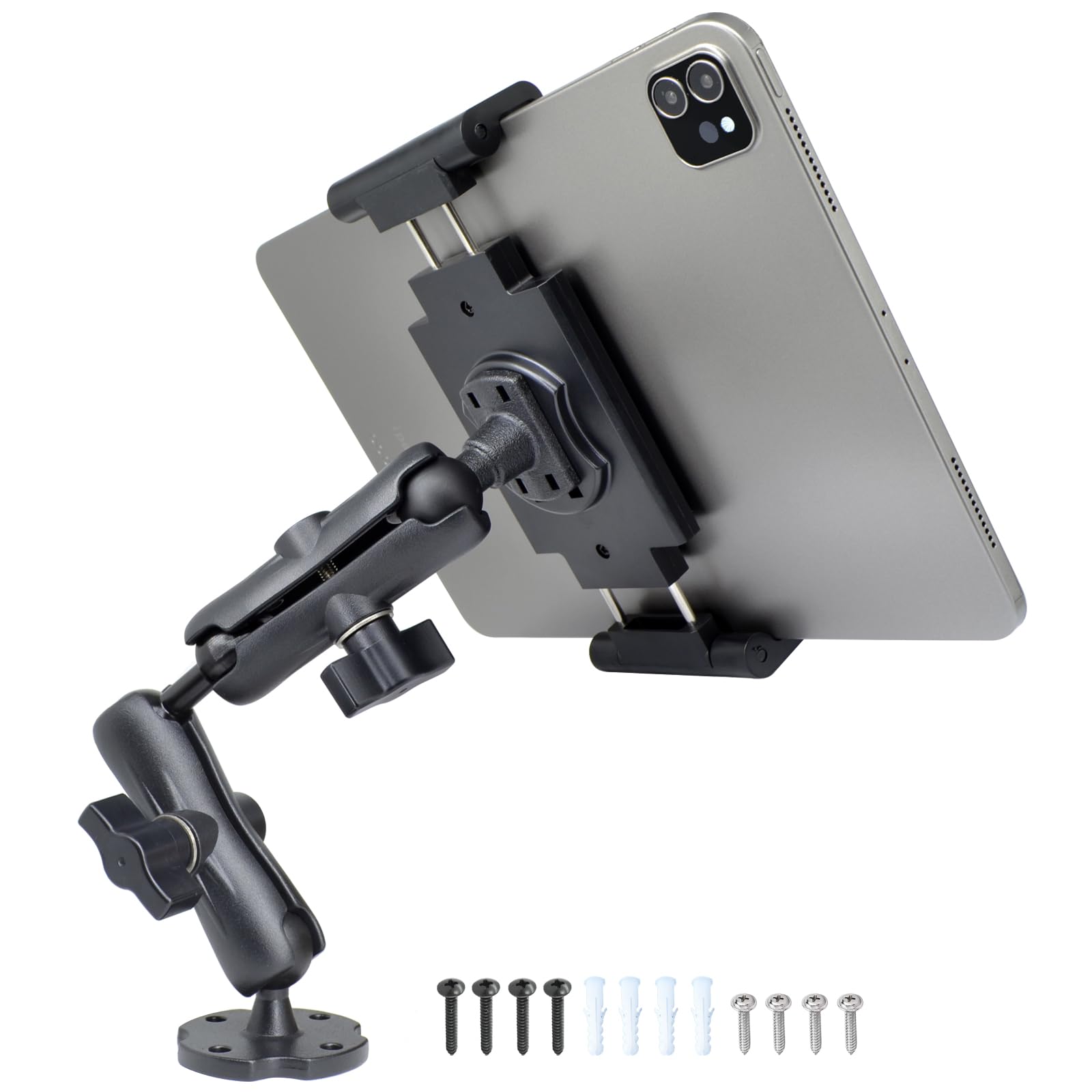 Photo 1 of VAUBORTTI Aluminum Heavy-Duty Dual Arm Tablet Mount with 4-Point 360° Rotation Drill Base - Fits 6.5"-12.9" Tablets (iPad, Galaxy Tab, Surface) - Versatile Mounting for Homes, Businesses, Vehicles
