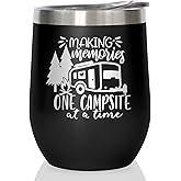 Joyloce Camper Wine Tumbler Coffee Mug, Stemless Tumblers with Lid, Stainless Steel Insulated Vacuum 12 Oz, Camping Gifts, Making Memories One Campsite At A Time