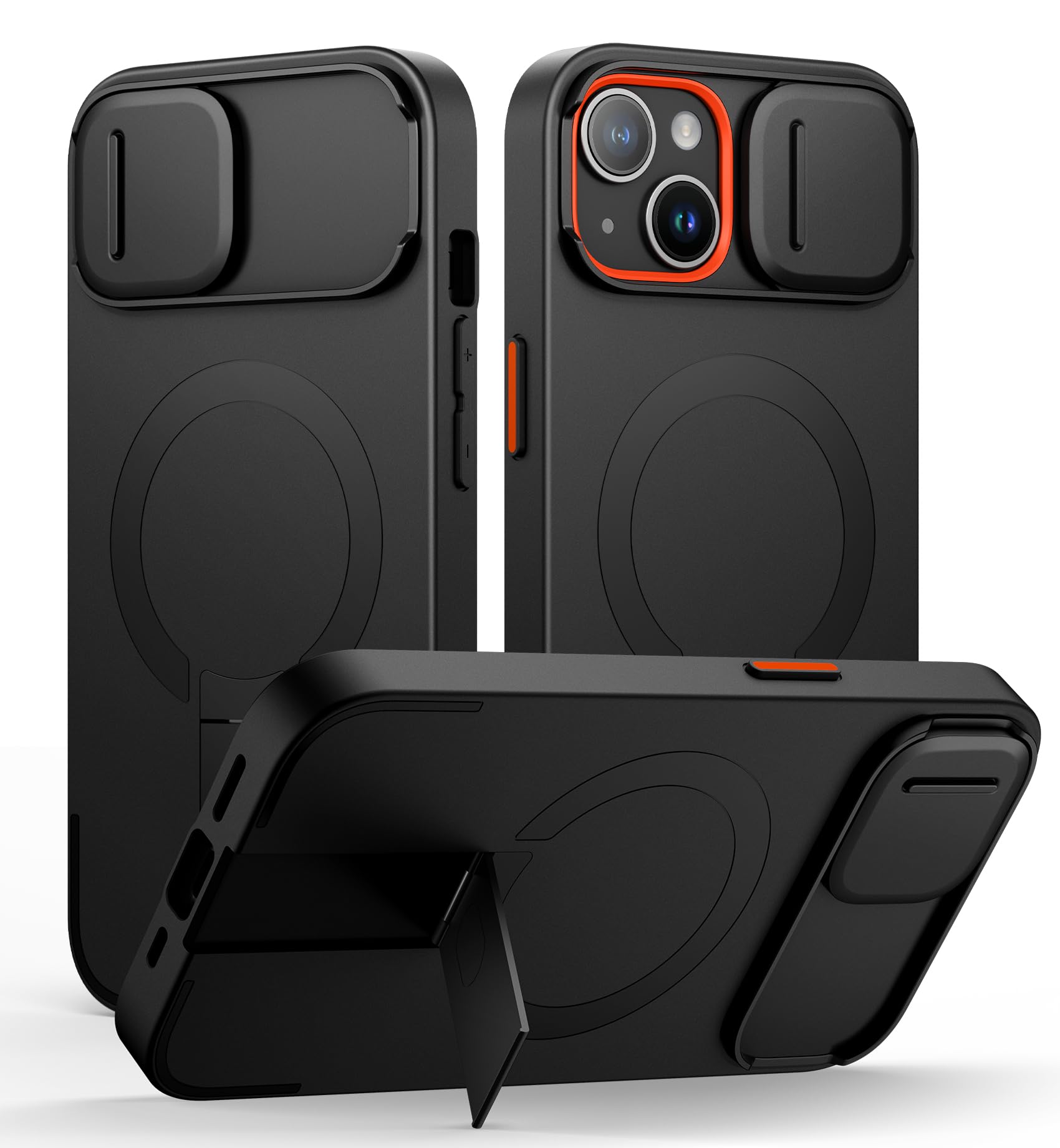 Photo 1 of SURITCH for iPhone 15 Case with Magnetic Camera Slide Cover and Adjustable Kickstand, Compatible with MagSafe, Shockproof Bumper Case Slim Protective Cover 6.1 Inch, Black