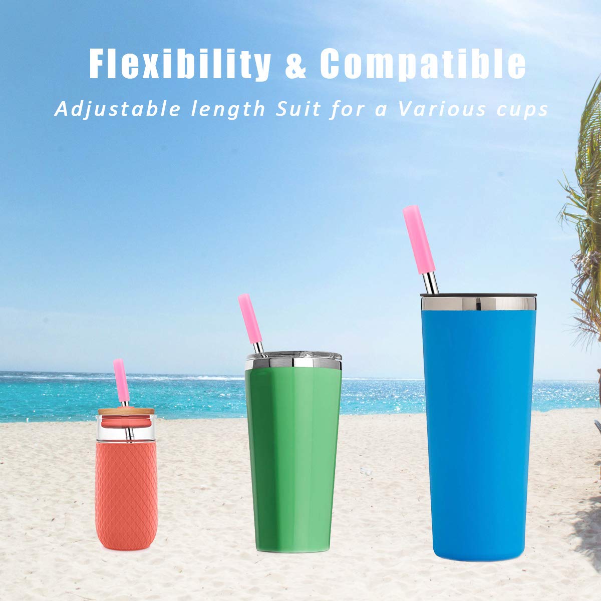 Telescopic Reusable Straws - Collapsible Stainless Steel Metal Straw - Portable Drinking Straw with Aluminum Case and Cleaning Brush - Bonus 2 Silicone Tips and Key Chains - 2 Pack Rose Gold, Black