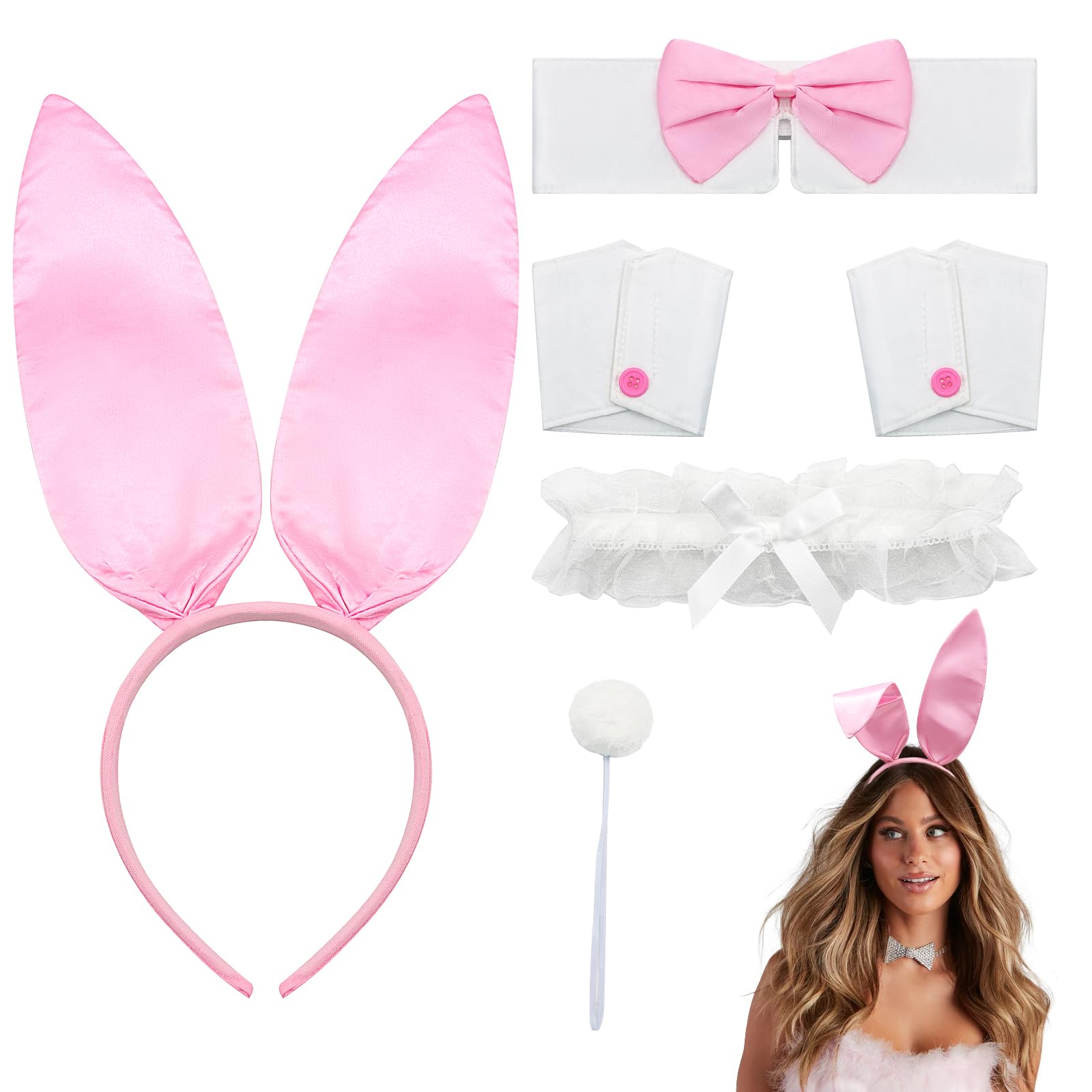 Scettar Bunny Costume Set - Women's Playboy Accessory Kit With Ears, Rabbit Headband, Cuffs, Collar Bow Tie for Cosplay, Easter, Halloween