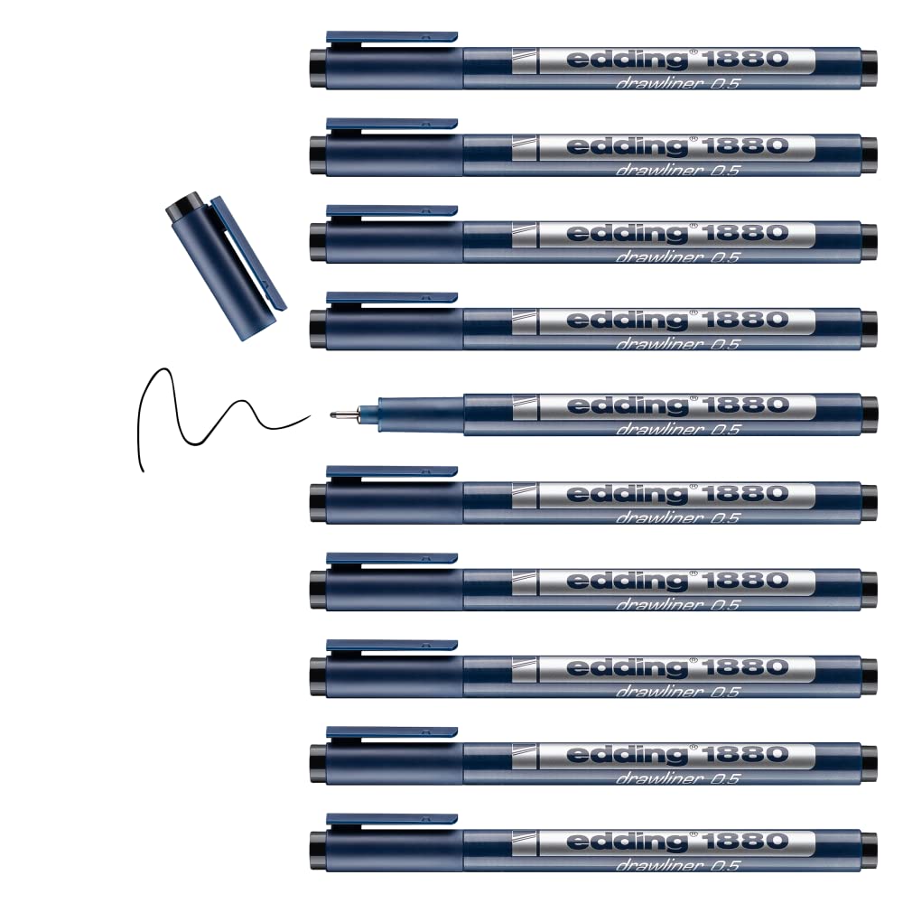 edding 1880 profipen - black - 10 pens - line width 0.5 mm - fineliner pen for precise writing, sketching and technical drawing - fine, metal-encased nib - suitable for use with rulers and stencils