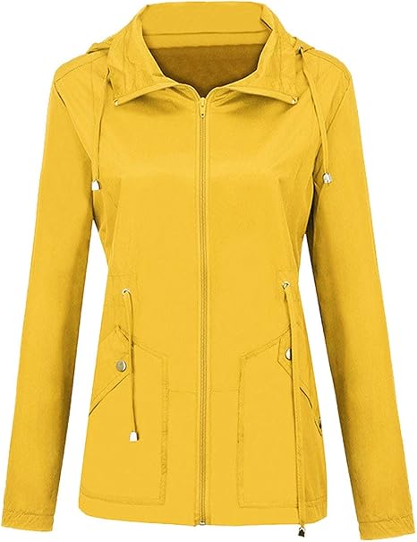 Amazon Civichic 女性の 秋 冬 引き紐 屋外 防水コート防風の 緩いです ルーズ アウターウェア ファッション フード付き レインコート 雨の日 ジャケットトレンチコート 黄 3xl レインコート ポンチョ 通販