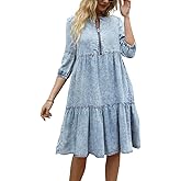 Leyoutx Women's Washed Crewneck Half-Zip Closure 3/4 Sleeve Soft Babydoll Denim Midi Dress