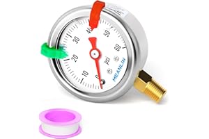 MEANLIN MEASURE 0~60Psi Pressure Gauge, Glycerin Filled 1/8" NPT 1.5" FACE DIAL, Stainless Steel Liquid Filled Pressure Gauge WOG Water Oil Air Lower Mount (with 2PCS Snaps)