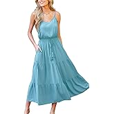 CUPSHE Women's Summer Dresses Casual V Neck Elastic Waist Maxi Tiered Dress with Pockets