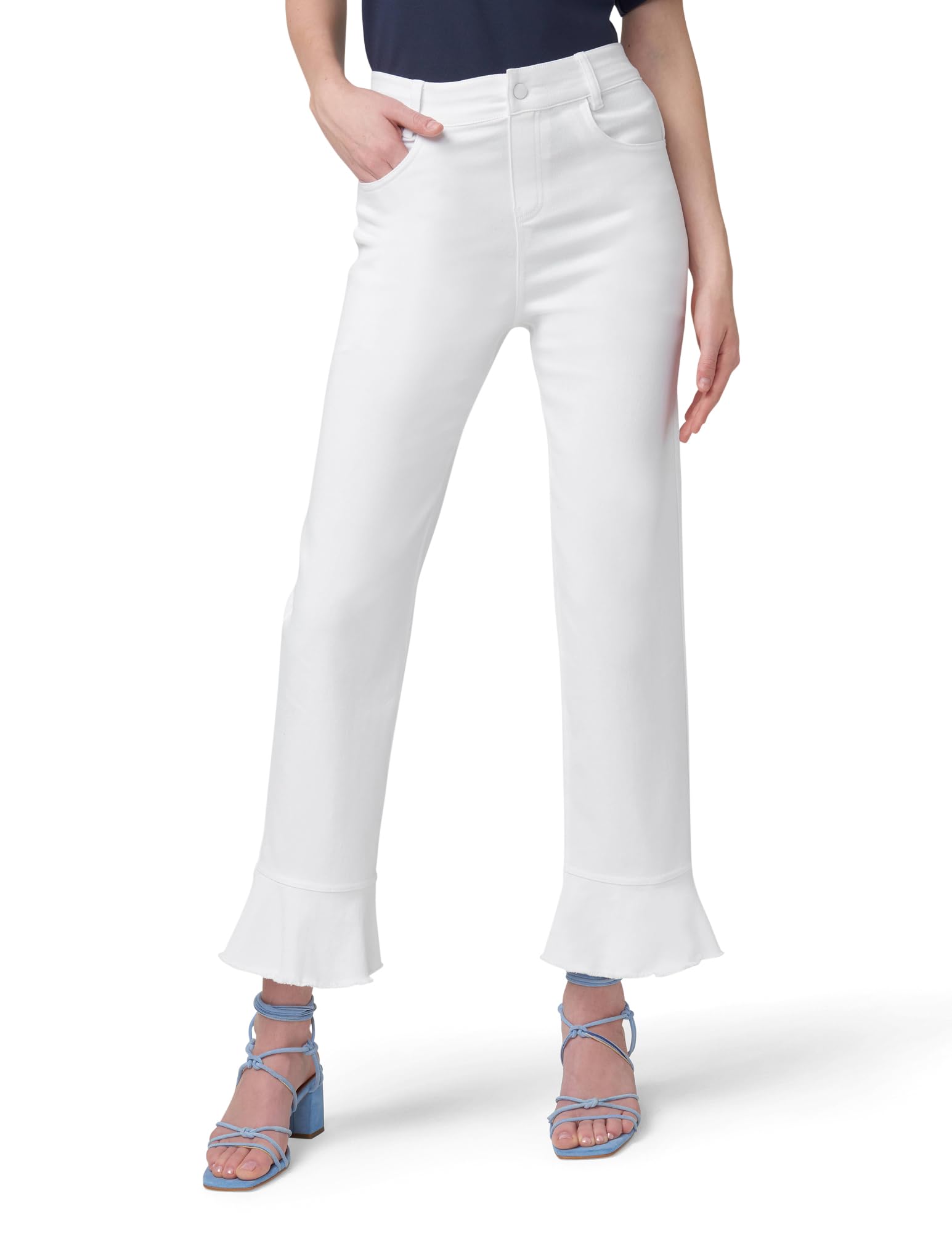 HUE Women’s Fashion Denim Jean Skimmer Leggings, White-Front Ruffle Hem