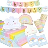 BLUE PANDA Rainbow Party Decorations Set - 99-Piece Set, Serves 24, Pastel Rainbow & Cloud Theme - Includes Cloud Plates - Multicolor Plates & Napkins - Happy Birthday Banner