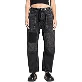 Kedera Womens Baggy Barrel Horseshoe Jeans Drawstring Boyfriend Wide Leg Denim Pants with Pockets Black, Large