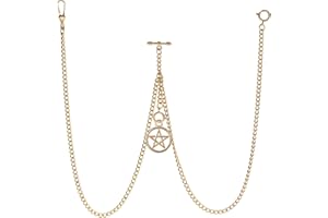 TREEWETO Men's Double Albert Chain Pocket Watch Curb Link Key Chain 3 Hooks with Antique Five-Pointed Star Pendant Design Charm Fob T Bar