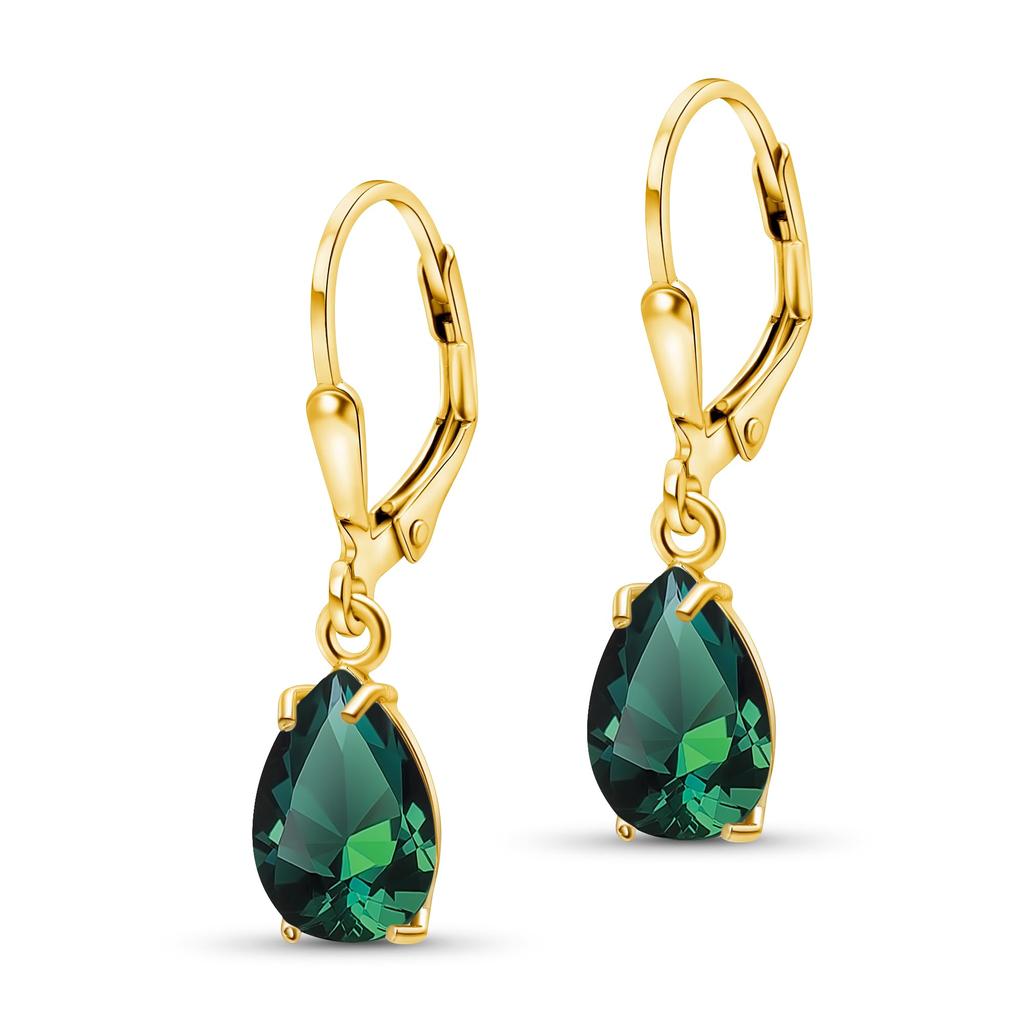 Photo 1 of 14K Gold Plated Emerald Teardrop Earrings for Women – May Birthstone Jewelry – Dainty Leverback Earrings in Gold Over 925 Sterling Silver – Elegant Gift for Women