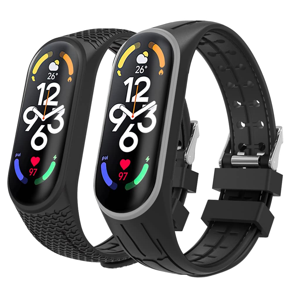 MoKo 2 Pack Straps Compatible with Xiaomi Mi Band 7/Smart Band 7, Soft Silicone Replacement Wristband Sport Strap for Women Men, Gray + Black
