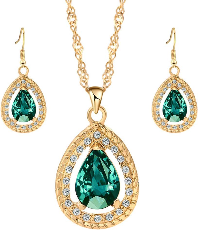 Originaltree 3Pcs/Set Women Jewelry Faux Gemstone Inlaid Waterdrop Pendant Necklace Earrings Green
