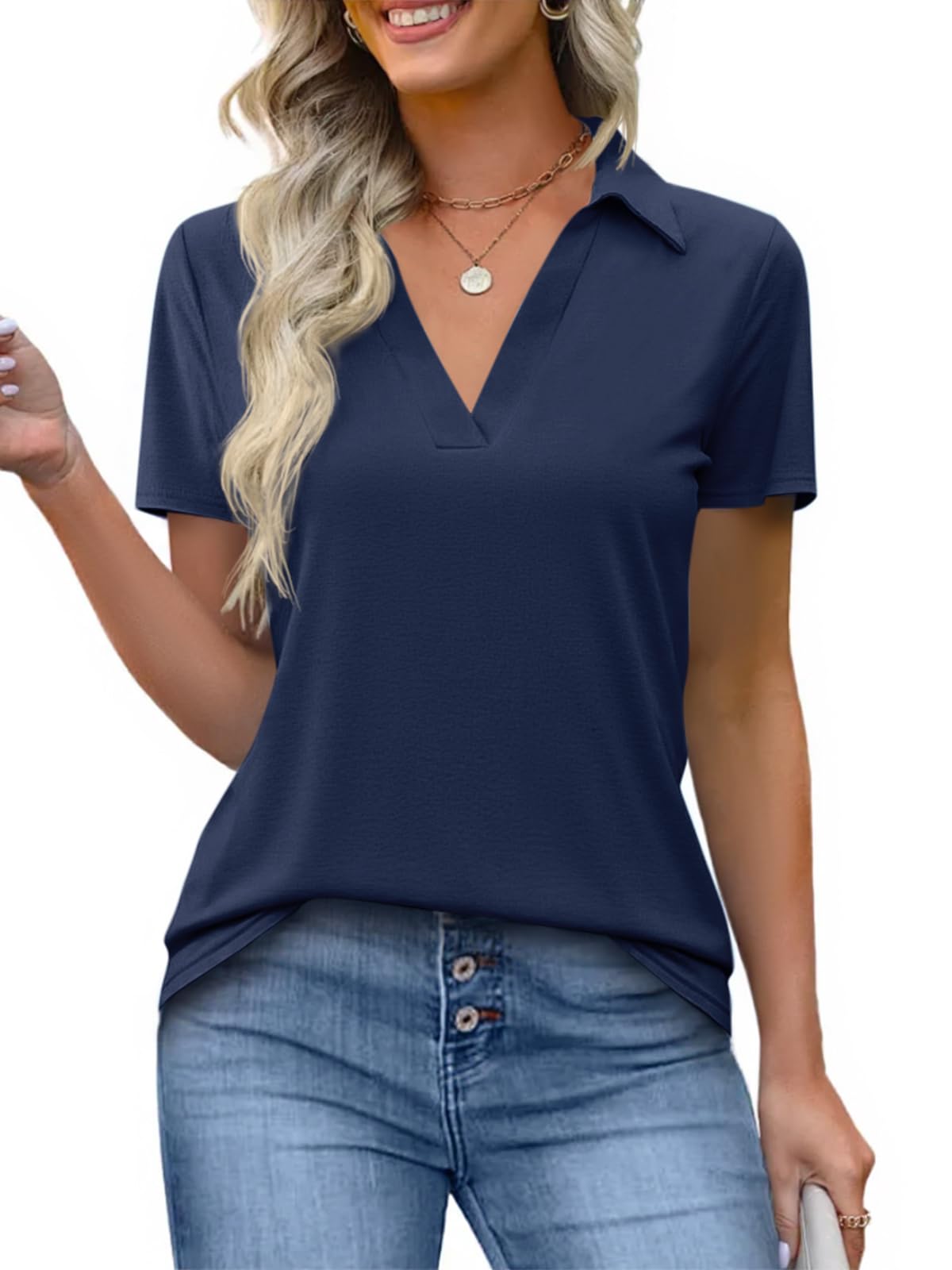 Photo 1 of ** UNKNOWN SIZE*** Imily Bela Womens Short Sleeve Polo Shirts V Neck Business Dressy Casual Tops Summer Collared Trendy Tees Navy