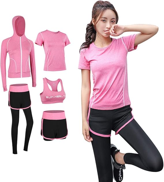 Amazon Co Jp シーヤ ｓｅｅｙａ スポーツウェア レディース ヨガウェア トレーニングウェア ランニングウェア 上下 5点セット ジム フィットネス M 薔薇色 5点セット 服 ファッション小物