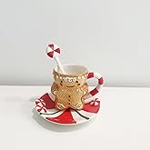 Minigift Ceramic Christmas Tea Cup and Saucer Set，200ML(6.8OZ) 3D Hand-painted Christmas Gingerbread Man Coffee Mug，Round Saucer, Spoon