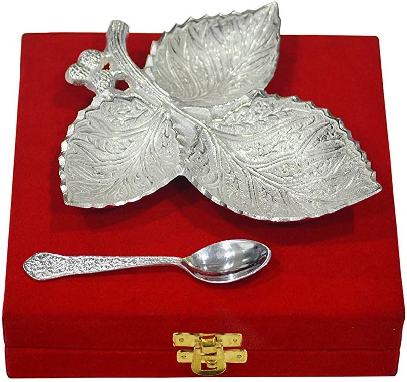 Silver Plated Brass Leaf Shaped Bowl 7” With Spoon Royal Design From