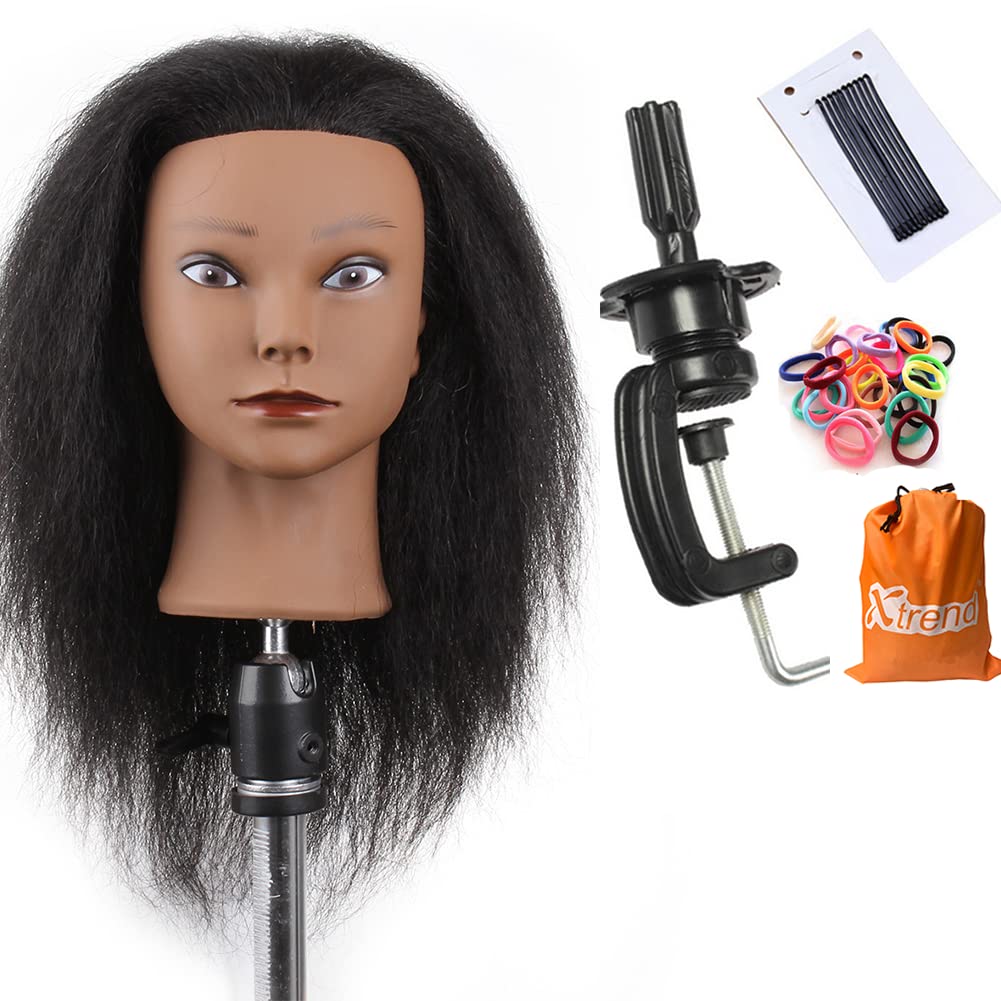 Xtrend Mannequin Head with 100% Real Hair Hairdresser Training Head Manikin Cosmetology Head Hairdressers Practice Training Head for Hairstyling and Braiding(Table Clamp Stand Included)