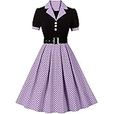 IWEMEK Lapel Collar 50s Vintage Dress for Women 1950s Polka Dot Retro Cocktail Swing Dress with Belt Audrey Hepburn Dresses