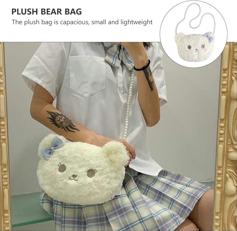VALICLUD Plush Doll Bag Lolita Crossbody Bag with Pearl Chain Winter Handbag Cosplay Photo Props, White, 25X19CM - Image 3