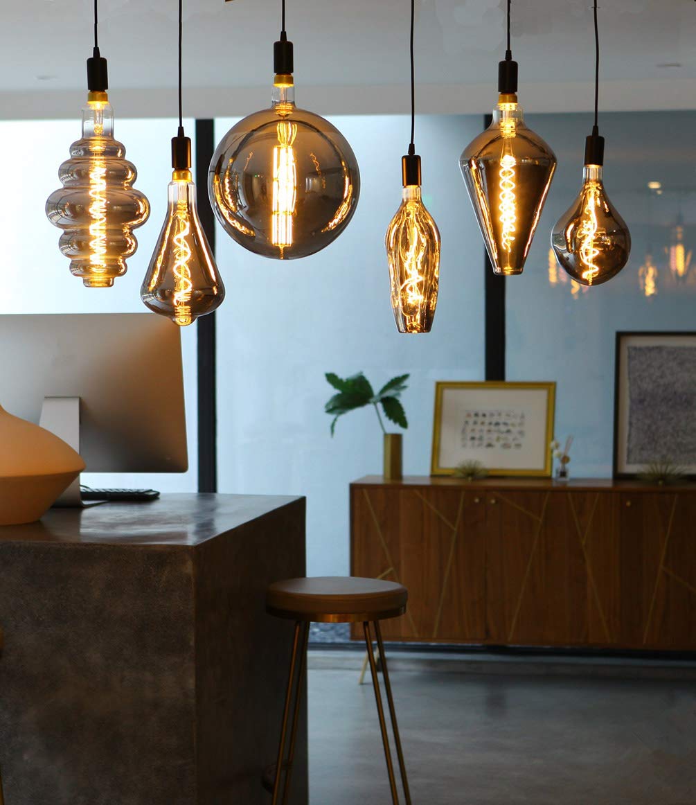 Large Decorative LED Bulb, Vintage Spiral Filament Edison Light Warm Yellow Dimmable 120V/6W Black Glass E26 Decor Lamp 2200K Energy-Saving Light for Home, Bar, Yard (VA115)