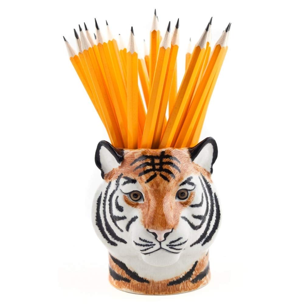 Quail Tiger Pencil Pot - Whimsical Orange Ceramic Pot - Desk Accessory