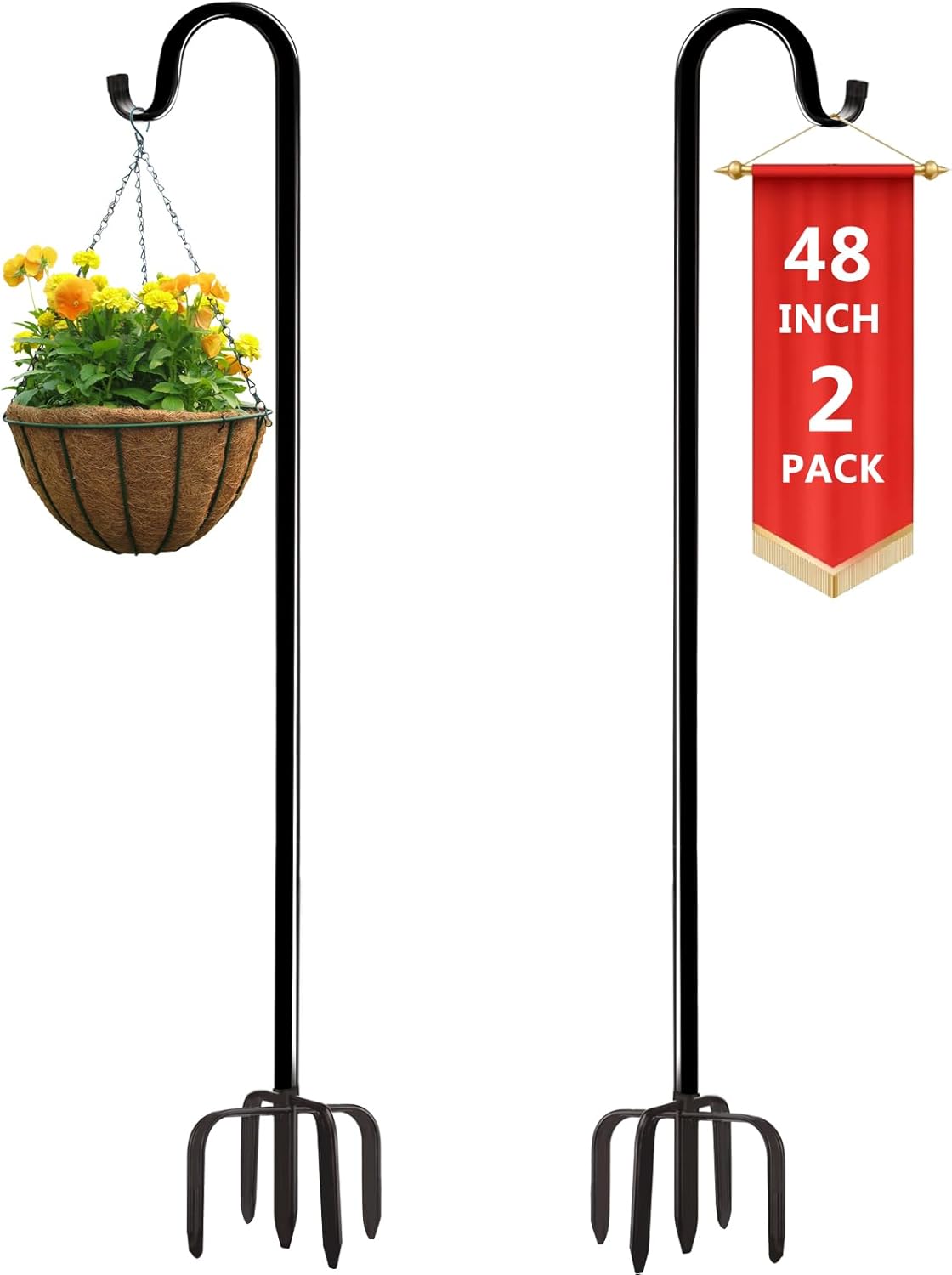 Outdoor Shepherd's Hooks - oathx Shepherds Hooks for Outdoor 48 inch, 2 Pack Bird Feeder Pole for Outside with 5 Base Prongs, Heavy Duty Garden Hooks for Bird Feeder, Solar Light, Plant Hanger, Wedding Decor (48inch)