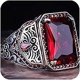 LRGKMCWTOB S925 Sterling Silver Square Zircon Ring Red Gem Handmade Men's Retro Texture Inlaid Red Zircon Men's Ring Sterling Silver Red Zircon Ring Punk Silver Carving Ring (Size 9)